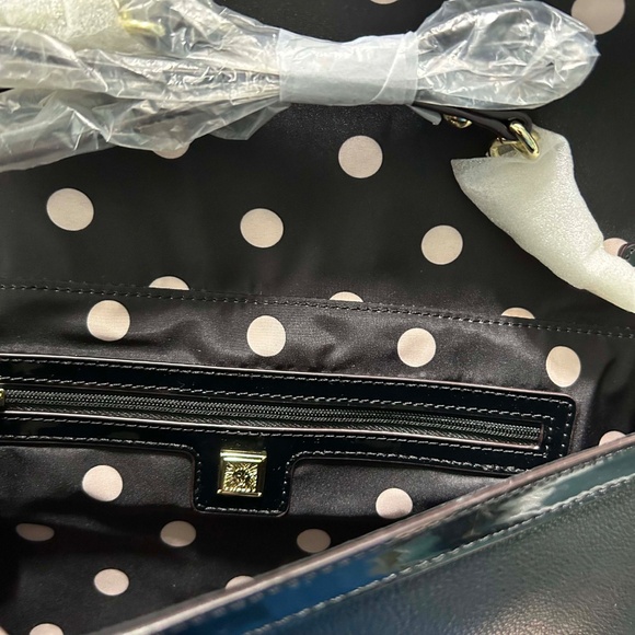 CLUTCH, ANNE KLEIN, BLACK, WITH GOLD TONE METAL STUDS, PATENT ACCENTS, SHOULDER - Picture 11 of 13